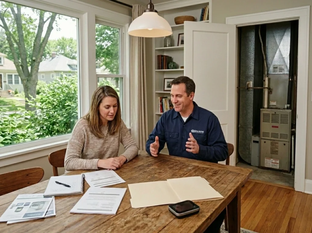 Minneapolis homeowners reviewing HVAC rebate options with a licensed contractor
