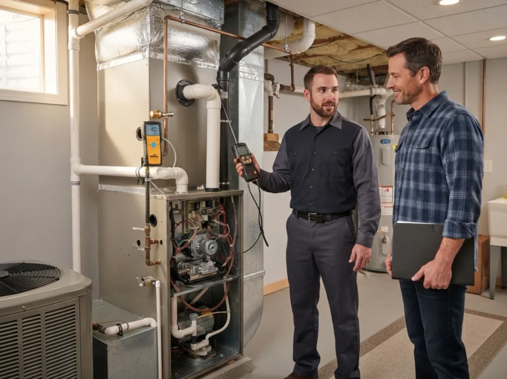 Minneapolis homeowner reviewing licensed furnace service with HVAC contractor