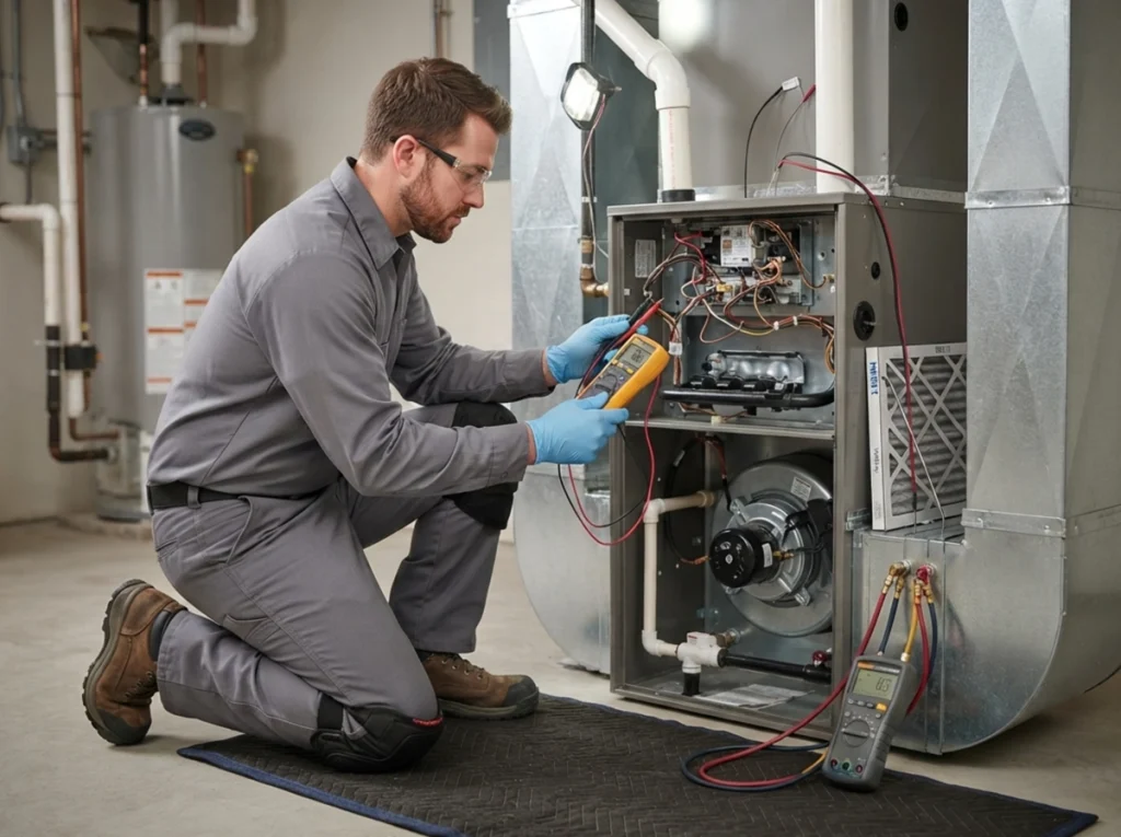AnHVAC technician servicing an AC unit.