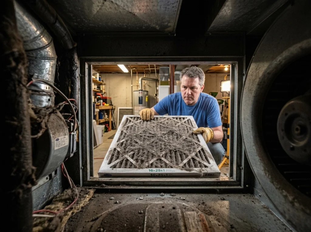 A homeowner removing the dirty air filter from the basement.